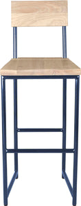 Blue metal stool with back with whitewash stain ash wood made in UK - front view round frame
