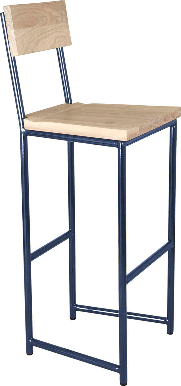 Blue metal stool with back with whitewash stain ash wood made in UK - angle view round frame