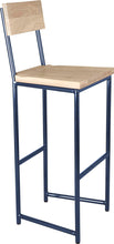 Load image into Gallery viewer, Blue metal stool with back with whitewash stain ash wood made in UK - angle view round frame
