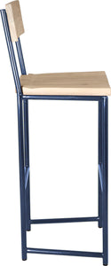 Blue metal stool with back with whitewash stain ash wood made in UK - side view round frame