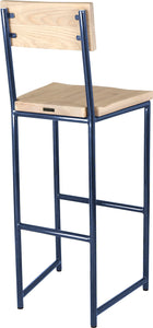 Blue metal stool with back with whitewash stain ash wood made in UK - back side view round frame