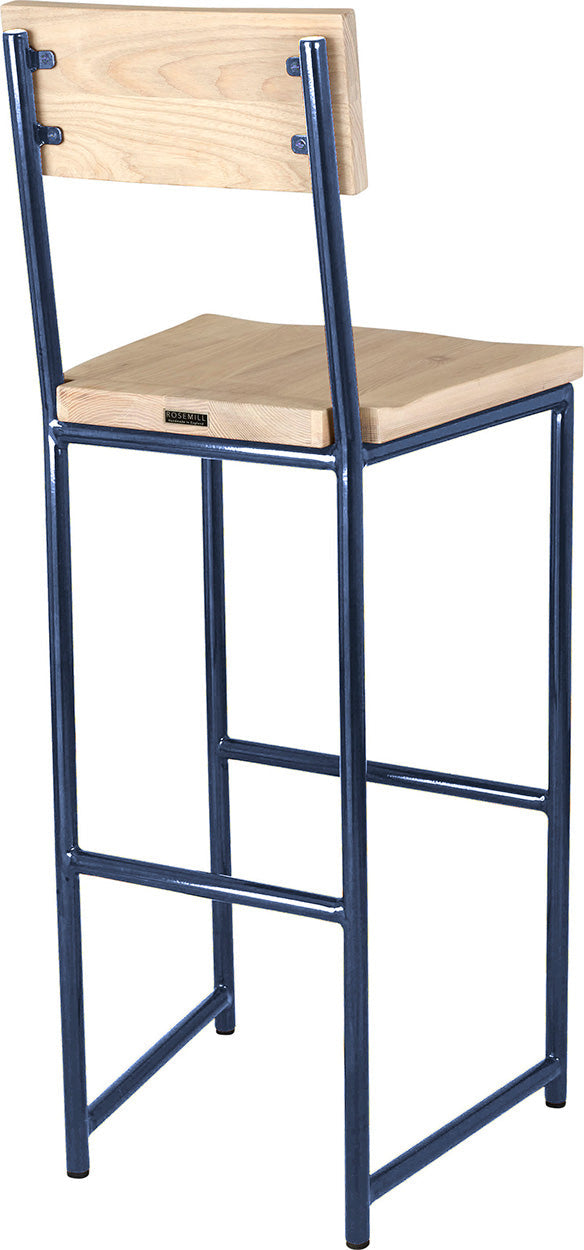 Blue metal stool with back with whitewash stain ash wood made in UK - back side view round frame