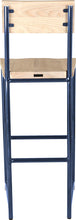 Load image into Gallery viewer, Blue metal stool with back with whitewash stain ash wood made in UK - back view round frame
