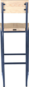 Blue metal stool with back with whitewash stain ash wood made in UK - back view round frame
