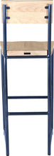 Load image into Gallery viewer, Blue metal stool with back with whitewash stain ash wood made in UK - back view round frame
