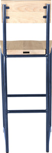Blue metal stool with back with whitewash stain ash wood made in UK - back view round frame