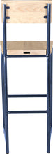 Load image into Gallery viewer, Blue metal stool with back with whitewash stain ash wood made in UK - back view round frame
