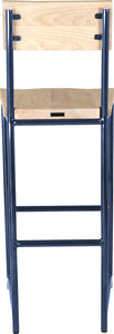 Blue metal stool with back with whitewash stain ash wood made in UK - back view round frame