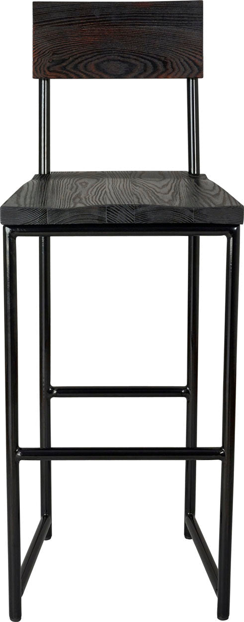 Black metal stool with back with black stain ash wood made in UK - front view round frame