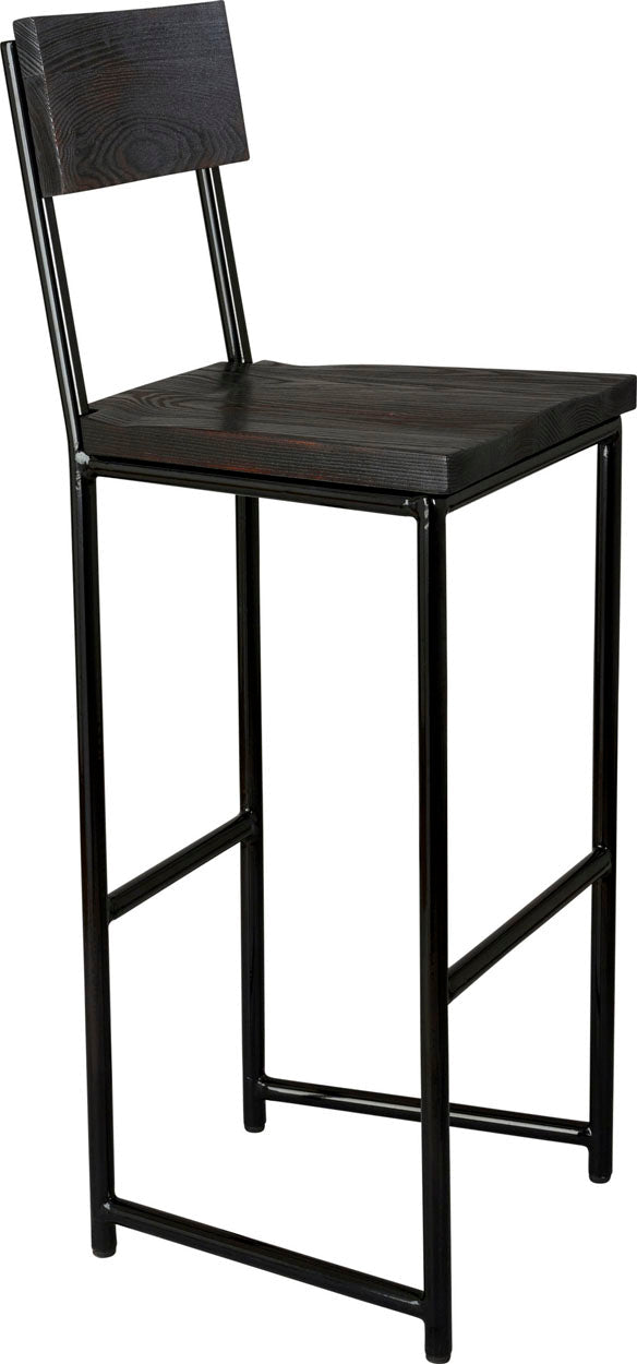 Black metal stool with back with black stain ash wood made in UK - angle view round frame
