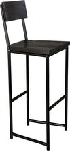Load image into Gallery viewer, Black metal stool with back with black stain ash wood made in UK - angle view round frame

