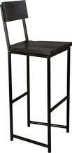 Load image into Gallery viewer, Black metal stool with back with black stain ash wood made in UK - angle view round frame
