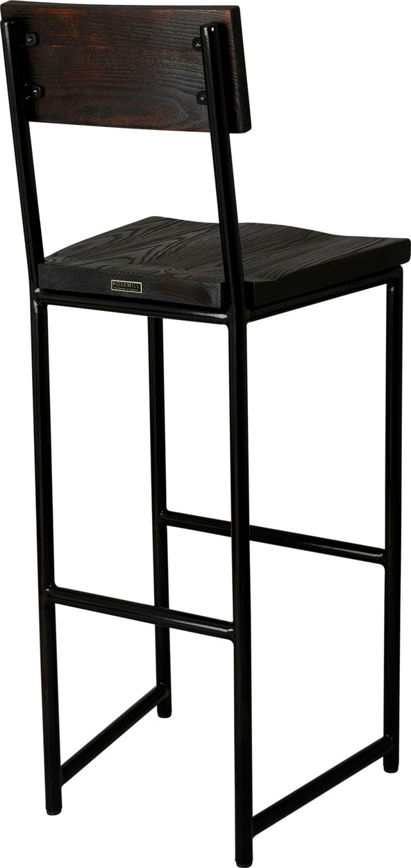 Black metal stool with back with black stain ash wood made in UK - back side view round frame