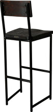 Load image into Gallery viewer, Black metal stool with back with black stain ash wood made in UK - back side view round frame
