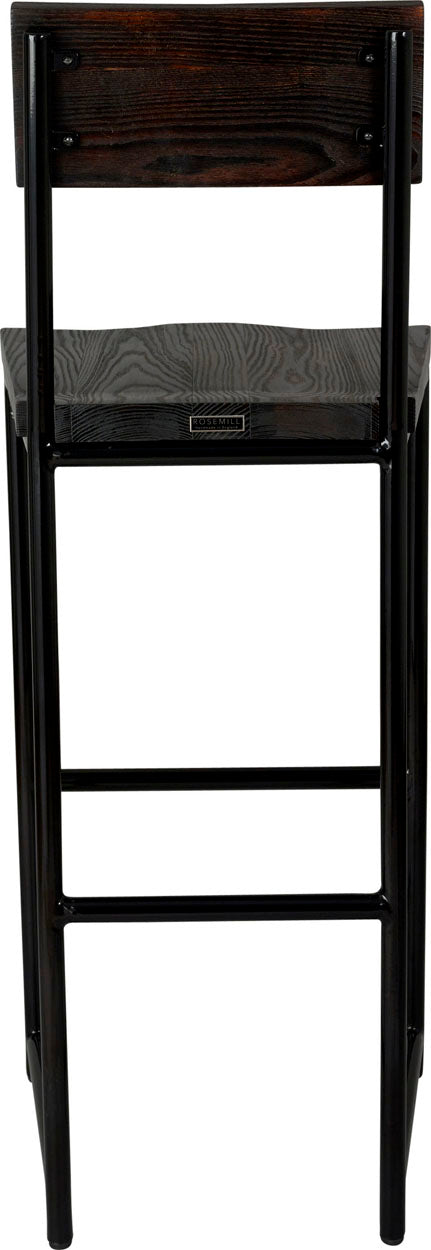 Black metal stool with back with black stain ash wood made in UK - back view round frame