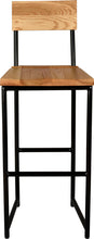 Load image into Gallery viewer, Black metal stool with back with natural stain ash wood made in UK - front view round frame
