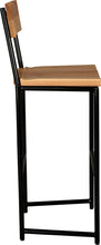 Load image into Gallery viewer, Black metal stool with back with natural stain ash wood made in UK - side view round frame
