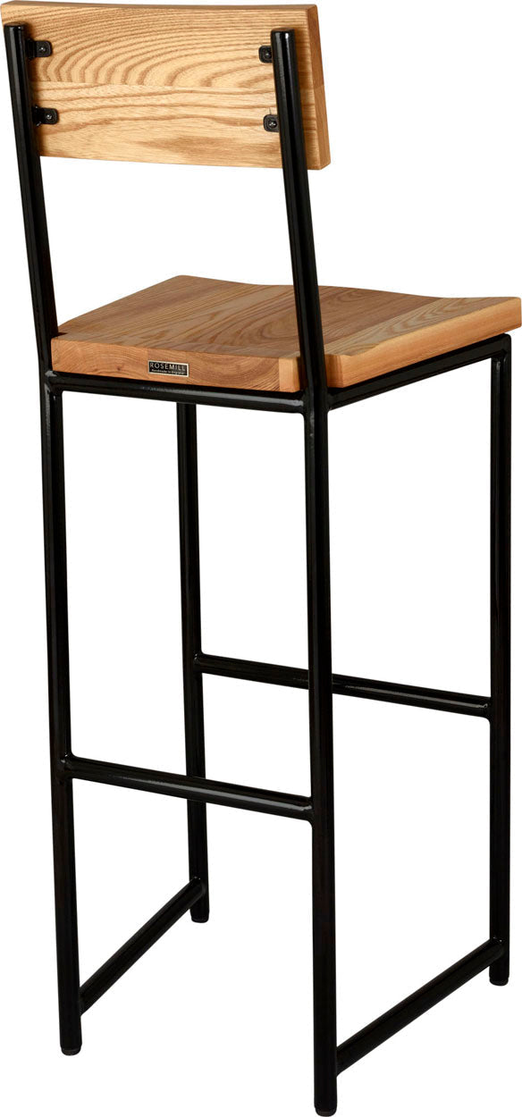 Black metal stool with back with natural stain ash wood made in UK - back side view round frame