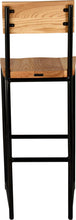 Load image into Gallery viewer, Black metal stool with back with natural stain ash wood made in UK - back view round frame
