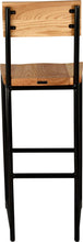 Load image into Gallery viewer, Black metal stool with back with natural stain ash wood made in UK - back view round frame

