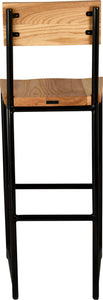 Black metal stool with back with natural stain ash wood made in UK - back view round frame