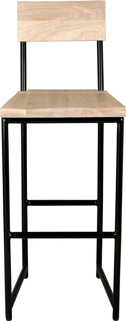 Black metal stool with back with whitewash stain ash wood made in UK - front view round frame