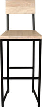 Load image into Gallery viewer, Black metal stool with back with whitewash stain ash wood made in UK - front view round frame
