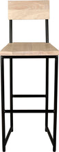 Load image into Gallery viewer, Black metal stool with back with whitewash stain ash wood made in UK - front view round frame
