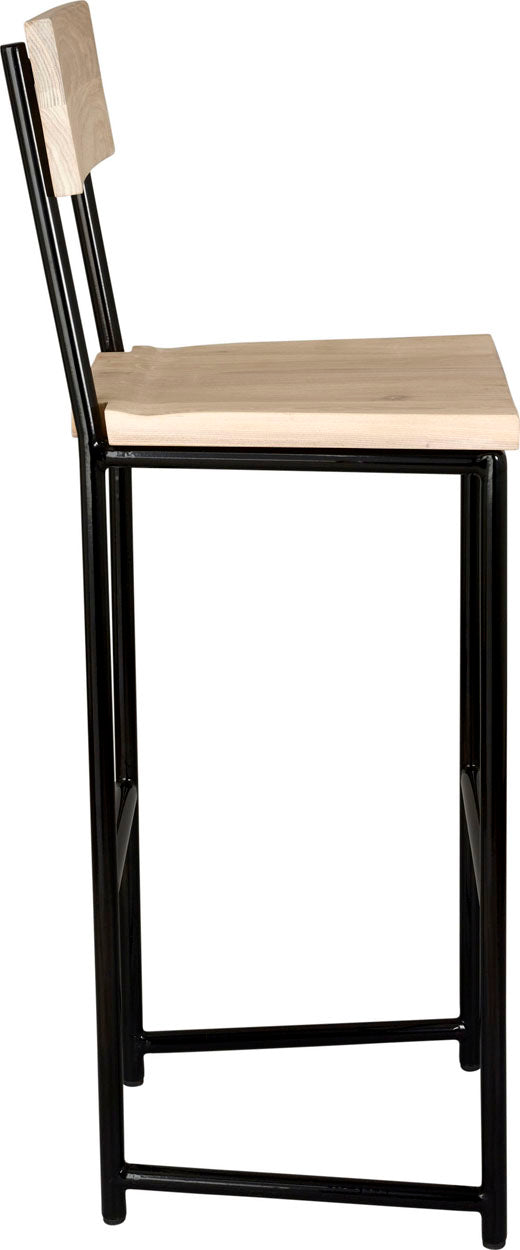 Black metal stool with back with whitewash stain ash wood made in UK - side view round frame