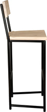 Load image into Gallery viewer, Black metal stool with back with whitewash stain ash wood made in UK - side view round frame
