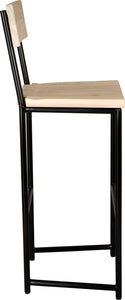 Black metal stool with back with whitewash stain ash wood made in UK - side view round frame