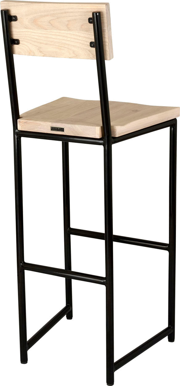 Black metal stool with back with whitewash stain ash wood made in UK - back side view round frame