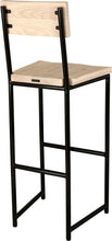 Load image into Gallery viewer, Black metal stool with back with whitewash stain ash wood made in UK - back side view round frame
