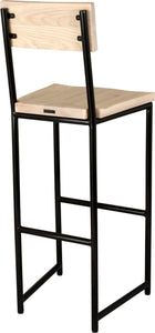 Black metal stool with back with whitewash stain ash wood made in UK - back side view round frame