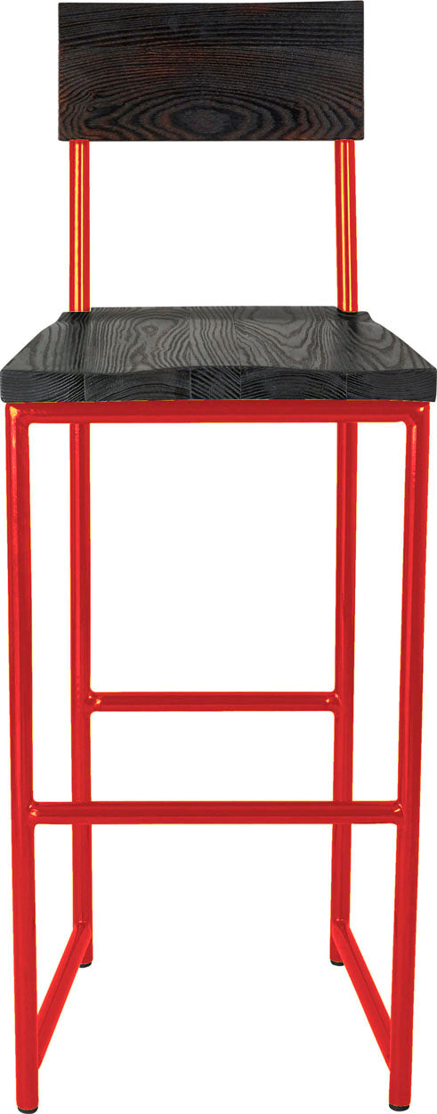 Red metal stool with back with black stain ash wood made in UK - front view round frame