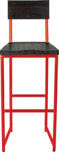 Load image into Gallery viewer, Red metal stool with back with black stain ash wood made in UK - front view round frame
