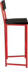 Load image into Gallery viewer, Red metal stool with back with black stain ash wood made in UK - side view round frame

