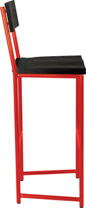 Red metal stool with back with black stain ash wood made in UK - side view round frame