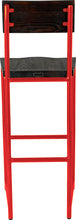 Load image into Gallery viewer, Red metal stool with back with black stain ash wood made in UK - back view round frame
