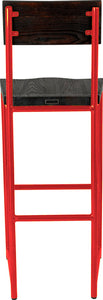 Red metal stool with back with black stain ash wood made in UK - back view round frame