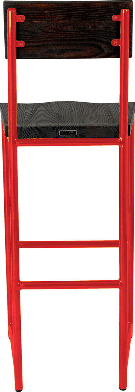 Red metal stool with back with black stain ash wood made in UK - back view round frame