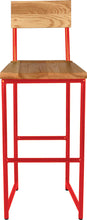 Load image into Gallery viewer, Red metal stool with back with natural stain ash wood made in UK - front view round frame
