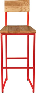 Red metal stool with back with natural stain ash wood made in UK - front view round frame