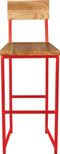 Red metal stool with back with natural stain ash wood made in UK - front view round frame