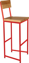 Load image into Gallery viewer, Red metal stool with back with natural stain ash wood made in UK - angle view round frame

