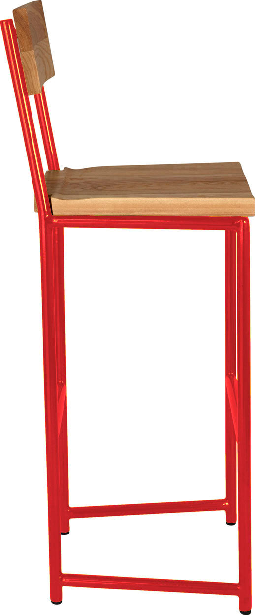 Red metal stool with back with natural stain ash wood made in UK - side view round frame
