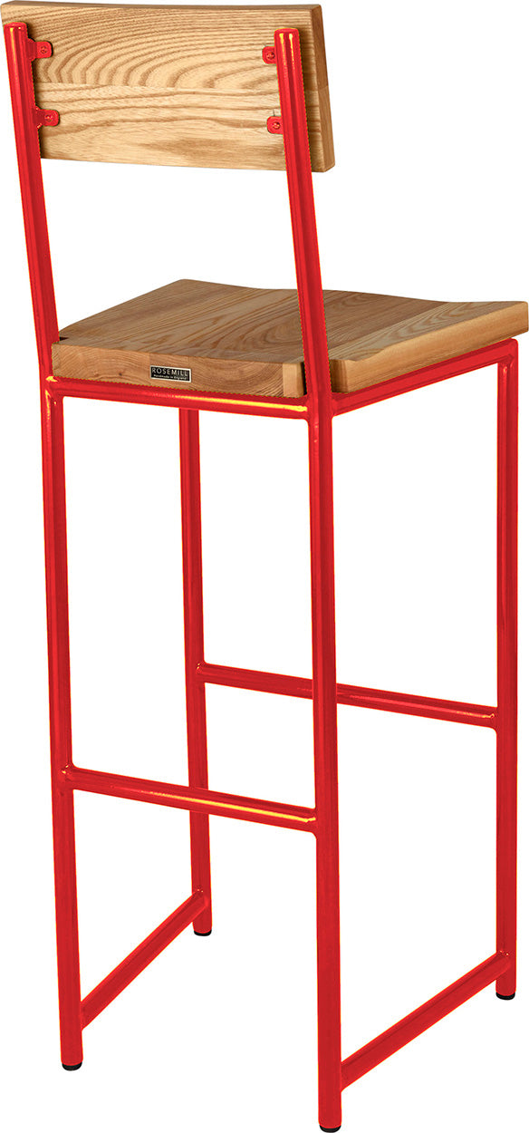Red metal stool with back with natural stain ash wood made in UK - back side view round frame