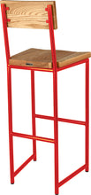 Load image into Gallery viewer, Red metal stool with back with natural stain ash wood made in UK - back side view round frame
