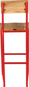 Red metal stool with back with natural stain ash wood made in UK - back view round frame