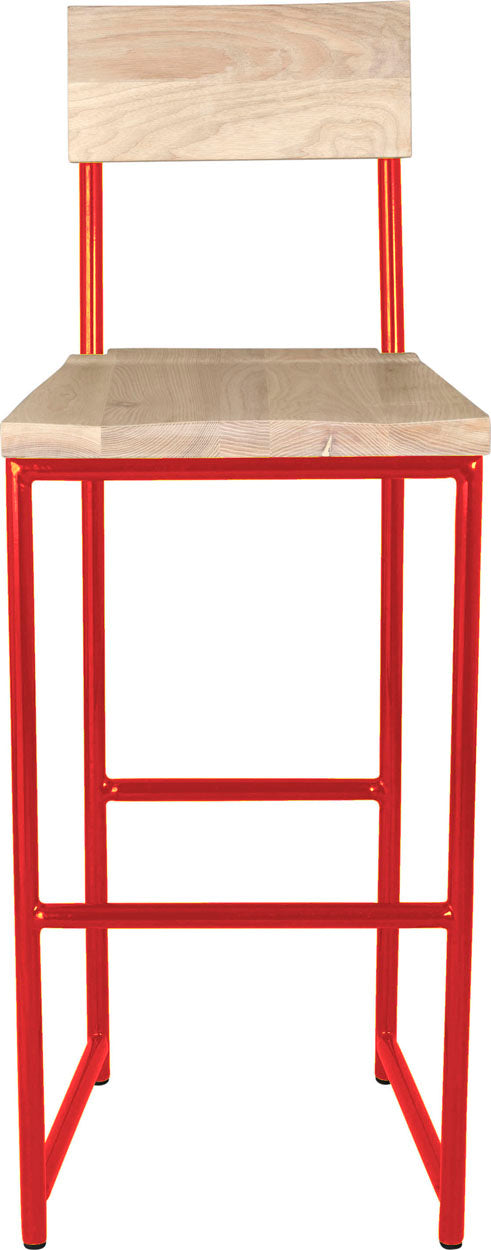 Red metal stool with back with whitewash stain ash wood made in UK - front view round frame